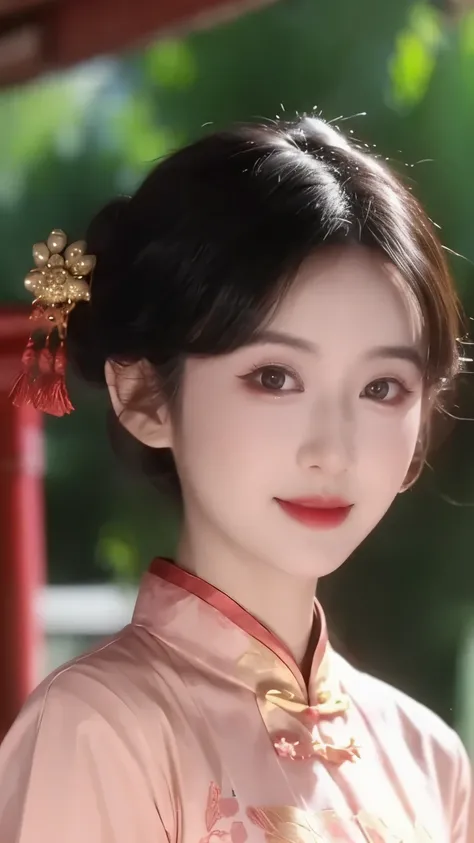 1 beautiful girl，best quality，（painting：1.5），Chest，torii，，depth of field， detailed face ，facial focus，ribbon_trim，（watching the audience：1.25），Smile，Thick lips，Real People，cheongsam