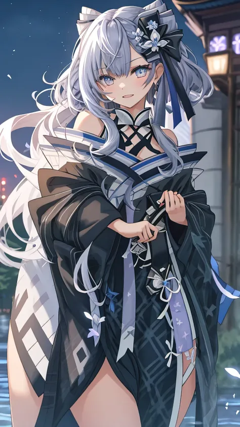 Long hair fluttering in the wind, gotik、Long hair with blue inner、use kimono, the mouth says the word o, night day