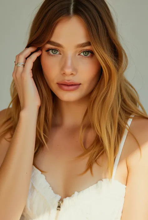 Реалистичное портретное фото красивой женщины со lightлыми волосами,
slightly faded hair roots,  turkish , Influencer , light, freckles, brown eyes, without makeup, instagram”