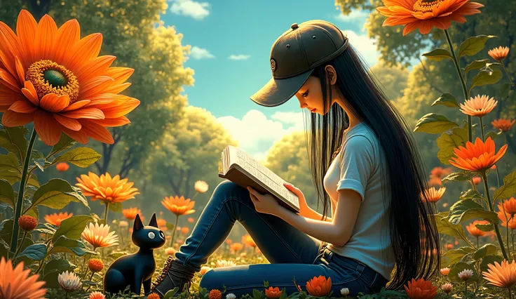 In Whimsical Art style,  a full body shot of a tall thin woman who is sitting in a park reading a comic book, with long black hair, wearing a cap , wearing a t-shirt and jeans. A black cat with a long neck and big eyes by her side. The mood is ethereal. th...
