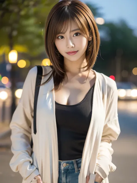 A beautiful young Korean Idol, model-like appearance, elegant style, upper body shot, POV, wearing a monochrome street fashion outfit, (houlder Length Hairstyles with brown ashhair:1.3), Attractive smile, (Date in the park at night:1.2), realistic skin tex...