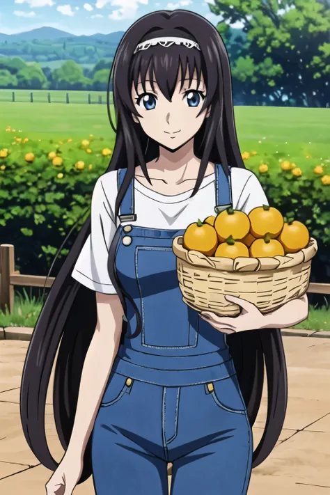 1 girl with black long hair, hair band, (quaint countryside setting , summer day) , (carrying a basket full of oranges in front of a wooden fence) , (blue denim overalls over a simple white t-shirt) ,(background: rolling hills , a distant barn , wildflowe...