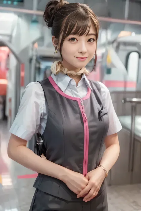 (masterpiece:1.2, Highest Quality:1.2), 32kHDR, high resolution, (alone、1 girl on break day)、( station platform waiting for streetcars、Professional Lighting)、Empty station platform waiting for streetcars background 、( realistic style of JR Gran Class cre...