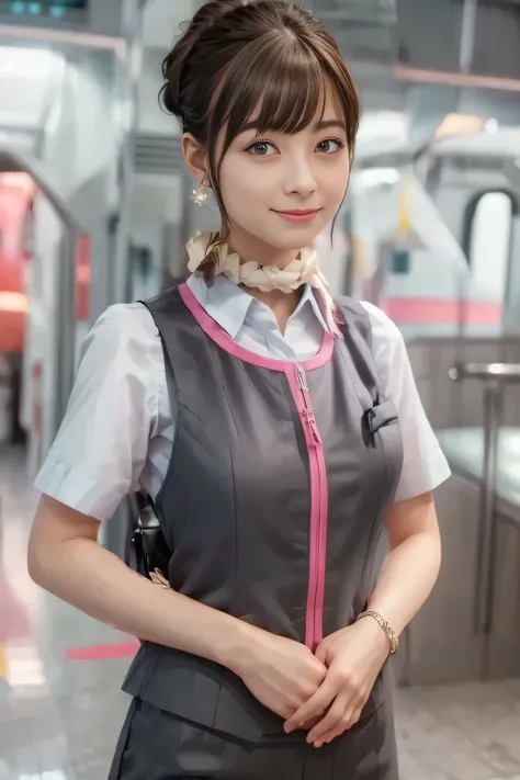 (masterpiece:1.2, Highest Quality:1.2), 32kHDR, high resolution, (alone、1 girl on break day)、( station platform waiting for streetcars、Professional Lighting)、Empty station platform waiting for streetcars background 、( realistic style of JR Gran Class cre...