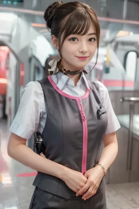 (masterpiece:1.2, Highest Quality:1.2), 32kHDR, high resolution, (alone、1 girl on break day)、( station platform waiting for streetcars、Professional Lighting)、Empty station platform waiting for streetcars background 、( realistic style of JR Gran Class cre...