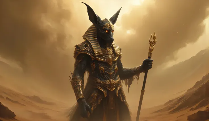 In the middle of the desert stands the great god of death of ancient Egypt, Anubis. He holds a golden scepter in his hand, he is covered in gold ornaments and on his head is a headdress of pharaohs. Anubis is black in color, he has the head of a jackal. An...
