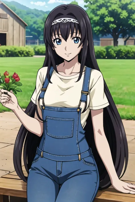 1 girl with black long hair, hair band, (quaint countryside setting , summer day) , (Sitting on the back of a carriage) , (blue denim overalls over a simple t-shirt) ,(background: rolling hills , a distant barn , wildflowers) , soft sunlight , orange tre...