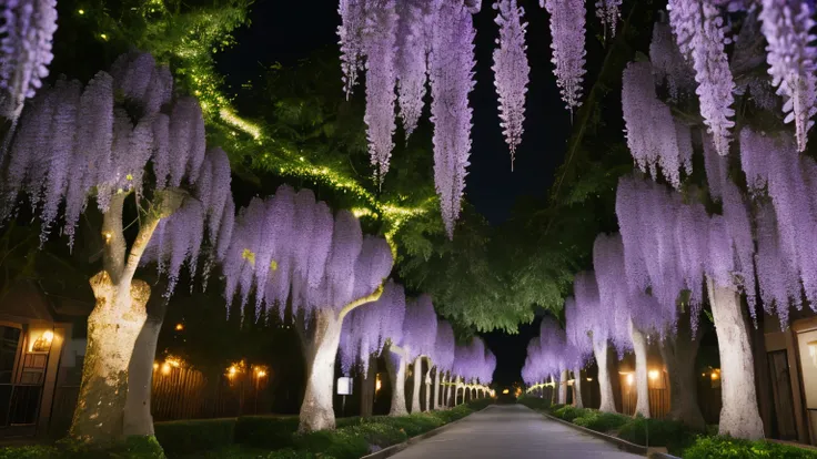 wisteria flower night light up 16:9 image 2048 x 1144px