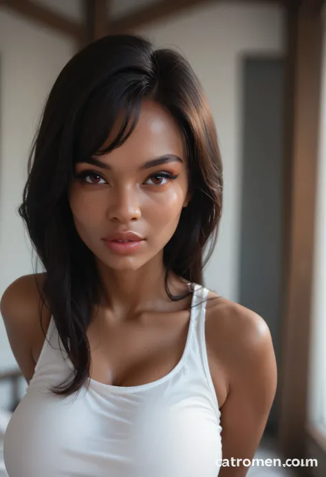 (colored skin, brown skin), perfect face, black hair, long hair, black thin eyebrows, dark brown eyes, nose, thick lips, collarbone, cleavage, huge breasts, white tank top, arms behind back, looking at viewer, blurry background, blurry