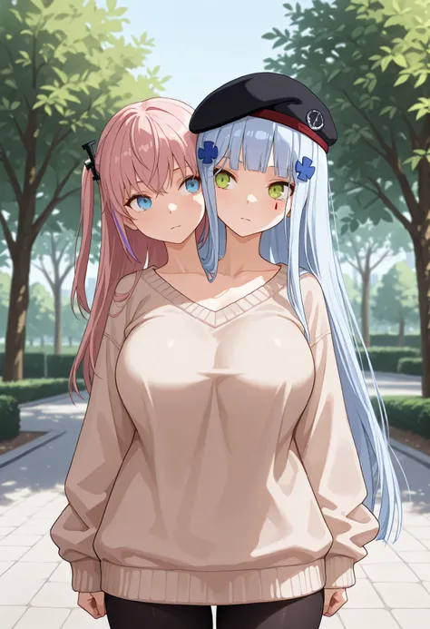 conjoined, 2girls, 2heads, two heads, a tall thin girl with 2 heads, HK416 ,black headwear,very long hair,white hair,x hair ornament,sidelocks,blunt bangs,green eyes,facial mark,teardrop, st ar-15, blue eyes, hair ornament, long hair, multicolored hair, on...