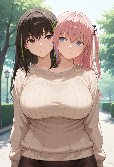 conjoined, 2girls, 2heads, two heads, a tall thin girl with 2 heads, m4a1, black hair, long hair, black eyes, streaked hair, yellow hair, bangs, st ar-15, blue eyes, hair ornament, long hair, multicolored hair, one side up, streaked hair, pink hair, purple...
