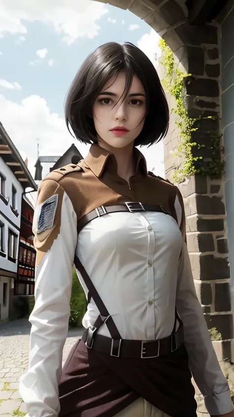Generate image of one beautiful girl, beautiful hair, realistic, high quality, (masterpiece: 1.5), highly detailed, detailed eyes, Mikasa, in her military uniform, image from head to thighs,background: standing on the terrace of mediaeval houses of germany...