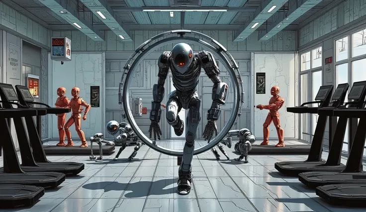 Robot running on a giant hamster wheel in a gymnasium where other robots are exercising on treadmills and lifting weights. Best quality, detailed, masterpiece.