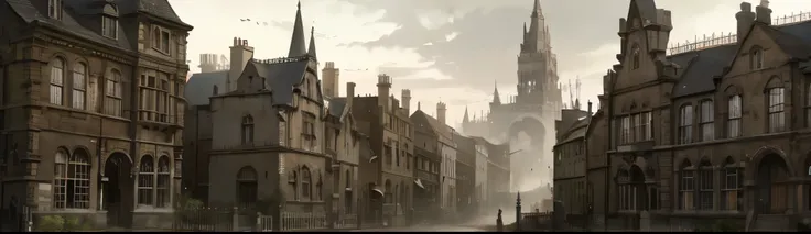 Victorian, terraced houses, buildings, industrial city , 1800s, smoke, cloudy, chimne:0.7, cobblestone streets, gloomy sky, dark , watercolor, painting, bloodborne, gothic