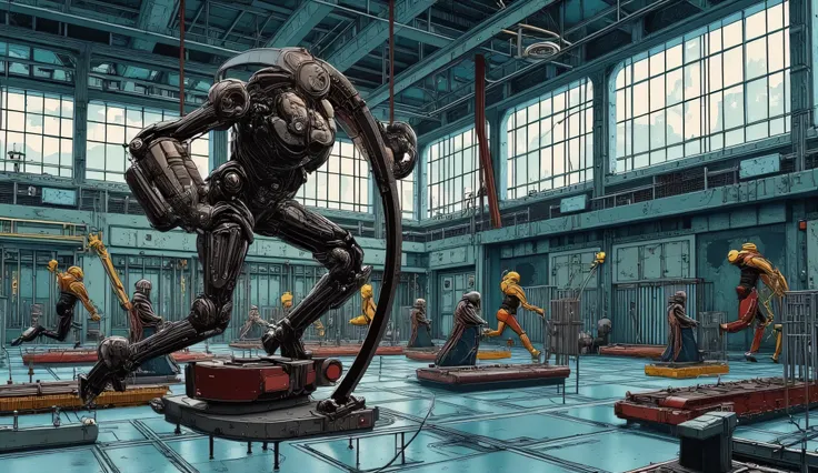 Robot running on a giant hamster wheel in a gymnasium where other robots are exercising on treadmills and lifting weights. Hamster wheel. Best quality, detailed, masterpiece.