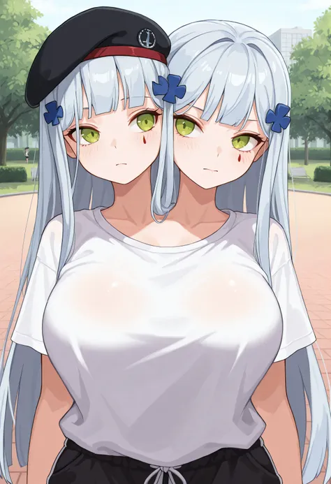 conjoined, 2girls, 2heads, two heads, a tall thin girl with 2 heads, HK416, black headwear, very long hair, white hair, x hair ornament, sidelocks, blunt bangs, green eyes, facial mark, teardrop, white T-shirt, black shorts, large breasts, front shots, par...