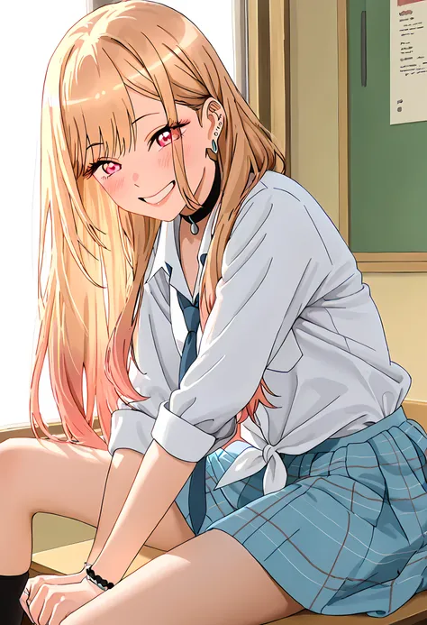 1Girl, solo, Marin Kitagawa, white top, blue necktie, cyan skirt, brown shoes, black socks. blonde hair + pink ends, pink eyes, cheerful expression, winking, sitting on desk, japanese school interior, afternoon sun, calm atmosphere, BEST quality, highly de...