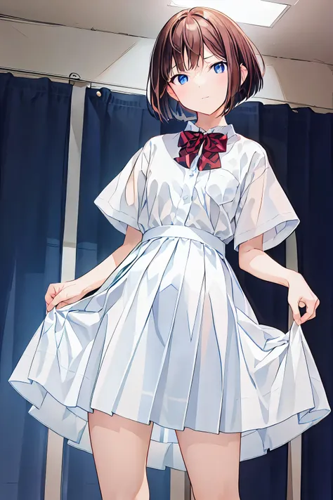 (Highest Quality), ( very well detailed), ( best illustration), (masterpiece), (female), high contrast , (small breasts), {brown hair, ( bob cut :1.3), curly hair , hair between eyes , Inner hair color}, {(fine grain), blue eyes }, , earrings for a fe...