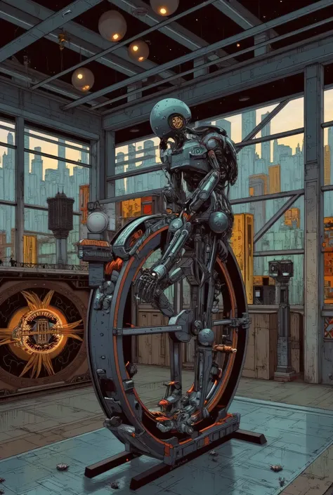 Robot running on a giant hamster wheel in a gymnasium where other robots are exercising on treadmills and lifting weights. Hamster wheel. Best quality, detailed, masterpiece.