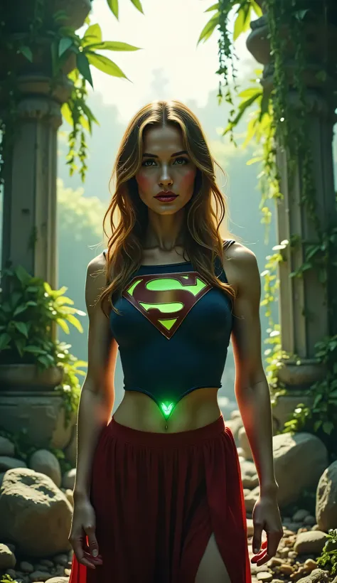 Medium close-up of Supergirl inspired by Melissa Benoist, standing in front of ancient jungle ruins, moss-covered stone pillars and hanging vines behind her, sunlight filtering through leaves, glowing “S” emblem on her chest, soft green reflections on her ...