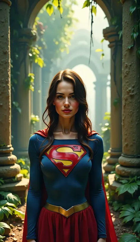 Medium close-up of Supergirl inspired by Melissa Benoist, standing in front of ancient jungle ruins, moss-covered stone pillars and hanging vines behind her, sunlight filtering through leaves, glowing “S” emblem on her chest, soft green reflections on her ...