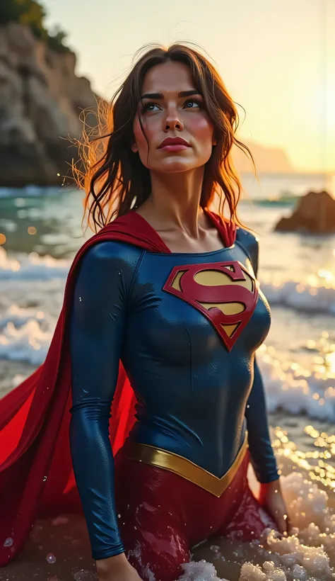 Medium close-up of Supergirl with ocean waves crashing far below, seabreeze blowing through her hair and cape, rocky cliffs and distant horizon in the background, glowing golden sunset casting rim lighting, dynamic atmosphere, semi-realistic 4K

