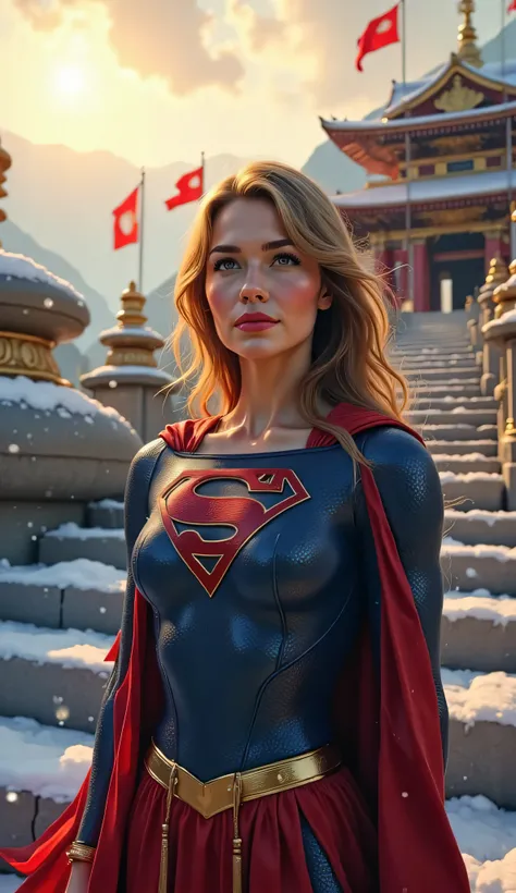 Medium close-up of Supergirl with snow-covered stone steps and a sacred temple behind her, sun rising over distant peaks, flags waving in morning wind, glowing emblem bathed in golden light, peaceful expression, painterly detail, 4K realism