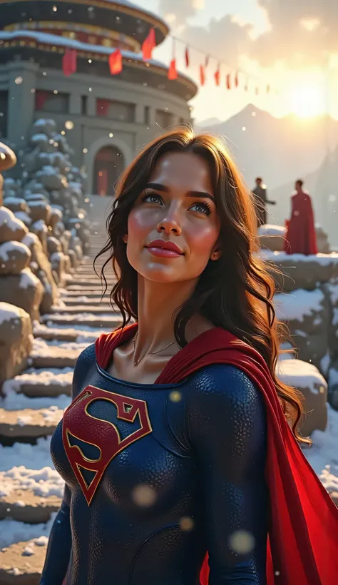 Medium close-up of Supergirl with snow-covered stone steps and a sacred temple behind her, sun rising over distant peaks, flags waving in morning wind, glowing emblem bathed in golden light, peaceful expression, painterly detail, 4K realism