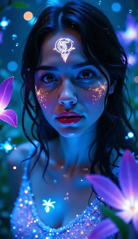 Medium close-up surrounded by glowing alien flora, bioluminescent blue and purple plants behind her, magical fireflies floating past, glowing “S” emblem in harmony with the glowing forest, soft radiant light on her cheeks, surreal fantasy tone, ultra-detai...