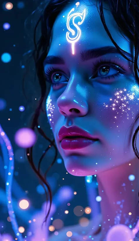 Medium close-up surrounded by glowing alien flora, bioluminescent blue and purple plants behind her, magical fireflies floating past, glowing “S” emblem in harmony with the glowing forest, soft radiant light on her cheeks, surreal fantasy tone, ultra-detai...