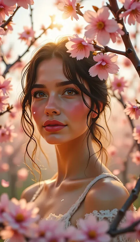 Medium close-up beneath blooming cherry blossoms, pink petals drifting through the air, soft spring sunset filtering behind trees, glowing emblem with warm reflections on her neck and face, peaceful and natural beauty, semi-realistic 4K