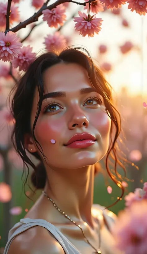Medium close-up beneath blooming cherry blossoms, pink petals drifting through the air, soft spring sunset filtering behind trees, glowing emblem with warm reflections on her neck and face, peaceful and natural beauty, semi-realistic 4K