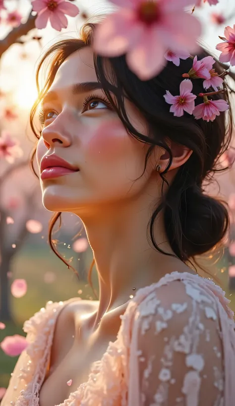 Medium close-up beneath blooming cherry blossoms, pink petals drifting through the air, soft spring sunset filtering behind trees, glowing emblem with warm reflections on her neck and face, peaceful and natural beauty, semi-realistic 4K