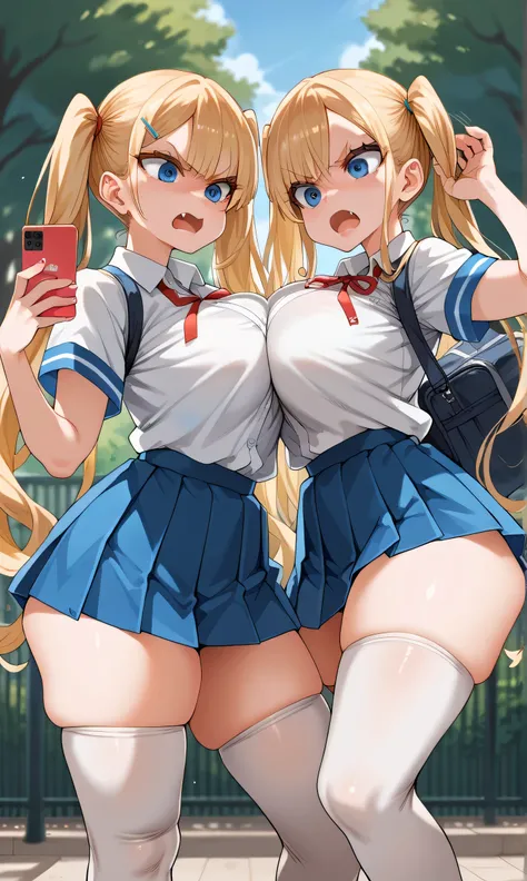 score_9,score_8_up,score_7_up,score_6_up,score_5_up,score_4_up,(source_anime),2girl identical,solo,long hair,breasts,looking her phone, blue eyes,skirt,blonde hair,shirt,thighhighs,twintails,very long hair,school uniform,thighs,pleated skirt,fang,huge brea...