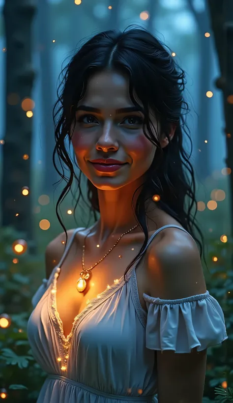 Medium close-up with a twilight forest behind her, hundreds of glowing fireflies creating soft ambient lights, trees and ferns blurred in depth, gentle smile on her face, glowing emblem softly lighting her chest and chin, dreamy 4K painterly style