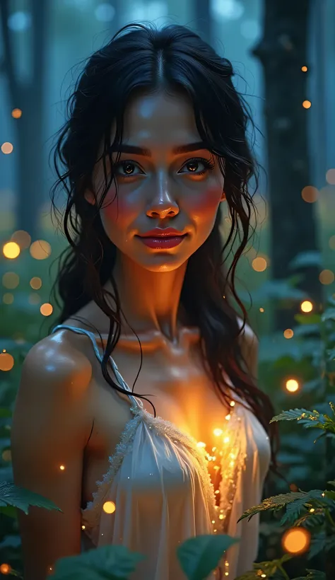 Medium close-up with a twilight forest behind her, hundreds of glowing fireflies creating soft ambient lights, trees and ferns blurred in depth, gentle smile on her face, glowing emblem softly lighting her chest and chin, dreamy 4K painterly style
