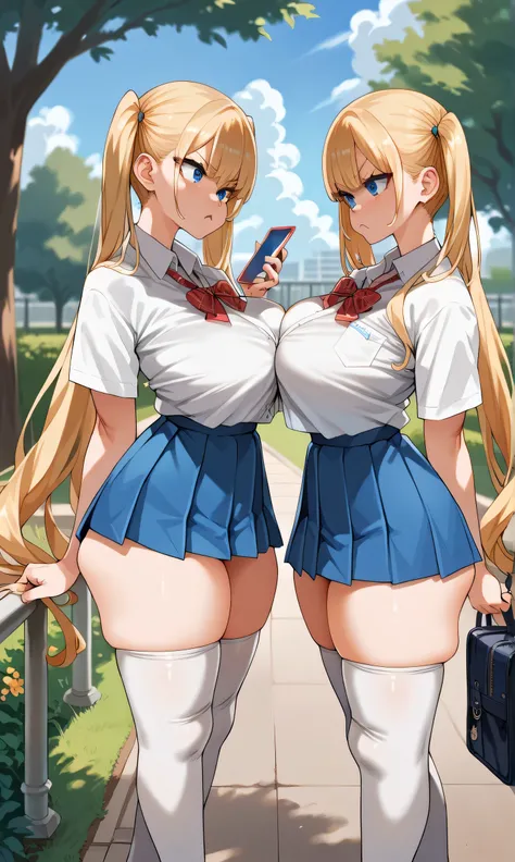 score_9,score_8_up,score_7_up,score_6_up,score_5_up,score_4_up,(source_anime),2girl identical,solo,long hair,breasts,looking her phone, blue eyes,skirt,blonde hair,shirt,thighhighs,twintails,very long hair,school uniform,thighs,pleated skirt,fang,huge brea...