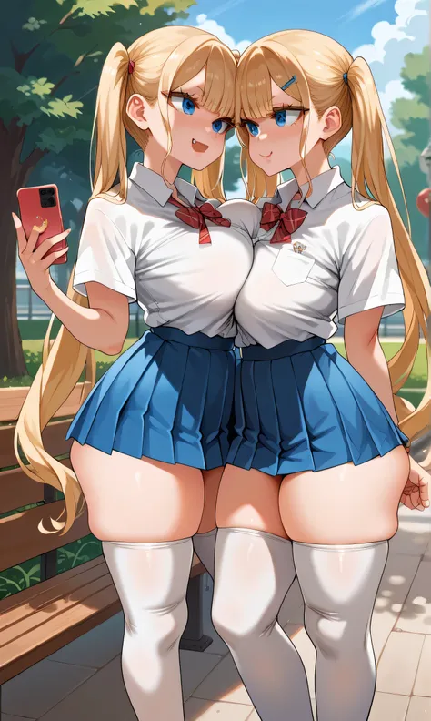 score_9,score_8_up,score_7_up,score_6_up,score_5_up,score_4_up,(source_anime),2girl identical,solo,long hair,breasts,looking her phone, blue eyes,skirt,blonde hair,shirt,thighhighs,twintails,very long hair,school uniform,thighs,pleated skirt,fang,huge brea...