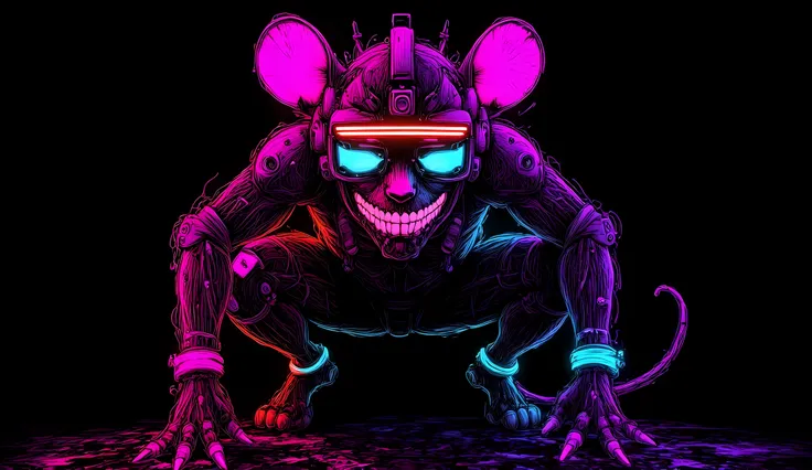 A lone figure in a stylized, futuristic, cyberpunk-influenced warrior outfit is crouched against a dark background. The figure's helmet resembles a rodent, possibly a mouse or rat, with large, round ears that glow with a bright pink light. The helmet itsel...