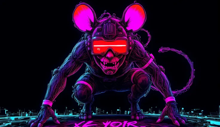 A lone figure in a stylized, futuristic, cyberpunk-influenced warrior outfit is crouched against a dark background. The figure's helmet resembles a rodent, possibly a mouse or rat, with large, round ears that glow with a bright pink light. The helmet itsel...