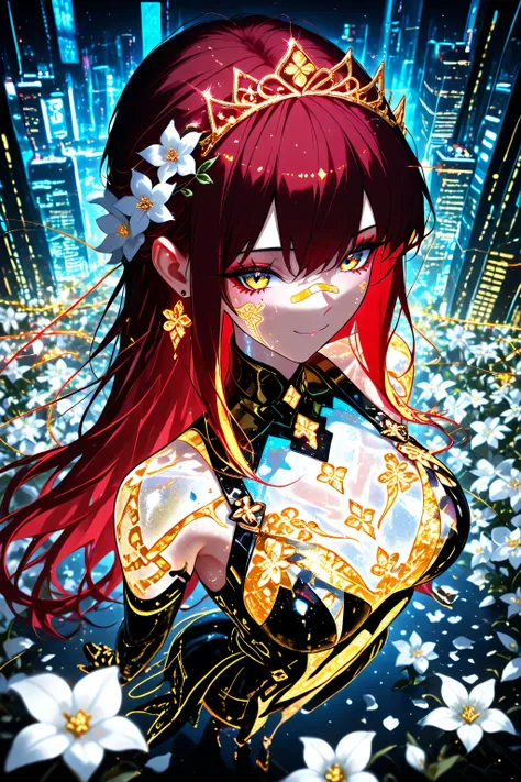 from above, (cyberpunk:1.4), earrings, jewelry, flower, armor, hair ornament, building, city, facial mark, petals, multicolored hair, hair flower, white flower, weapon, bandaid, pills, sickly, eyebags, bandages, medications, stitches, hurt, ill, bandaid o...