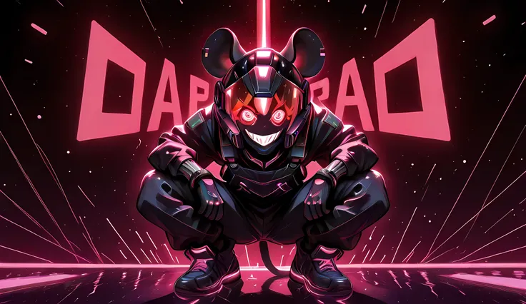 japanese cyberpunk popart anime musical scene showing A lone figure bass player in a stylized, futuristic, cyberpunk-influenced warrior outfit is crouched against a dark background. The figure's helmet resembles a rodent, possibly a mouse or rat, with larg...
