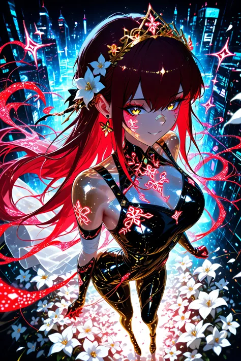 from above, (cyberpunk:1.4), earrings, jewelry, flower, armor, hair ornament, building, city, facial mark, petals, multicolored hair, hair flower, white flower, weapon, bandaid, pills, sickly, eyebags, bandages, medications, stitches, hurt, ill, bandaid o...