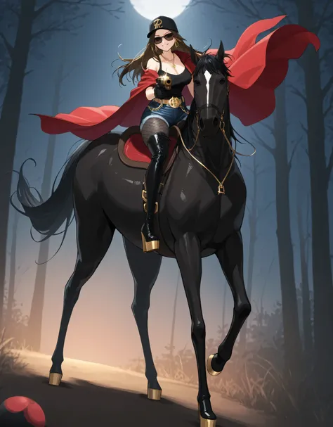 肘丈まであるBlack gloves、 black baseball cap、Grey Stockings、black fishnet tights、lace up boots、Extra Long Super Thick Thigh High Boots、sunglasses、pulling the reins with the left hand、thigh-high boots with very high heels、V NECK SHORT BLACK T-SHIRT、black super th...