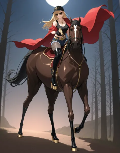 肘丈まであるBlack gloves、 black baseball cap、Grey Stockings、black fishnet tights、lace up boots、Extra Long Super Thick Thigh High Boots、sunglasses、pulling the reins with the left hand、thigh-high boots with very high heels、V NECK SHORT BLACK T-SHIRT、black super th...