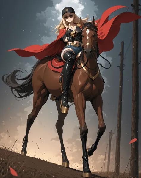 肘丈まであるBlack gloves、 black baseball cap、Grey Stockings、black fishnet tights、lace up boots、Extra Long Super Thick Thigh High Boots、sunglasses、pulling the reins with the left hand、thigh-high boots with very high heels、V NECK SHORT BLACK T-SHIRT、black super th...