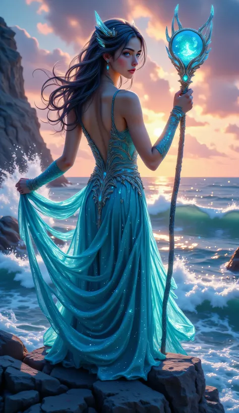 8k, A mesmerizing ocean sorceress standing barefoot at the edge of a cliff, with waves crashing below and a glowing sunset behind her. She has deep aqua-blue hair flowing like water, wearing a translucent turquoise and pearl gown that shifts like the sea. ...