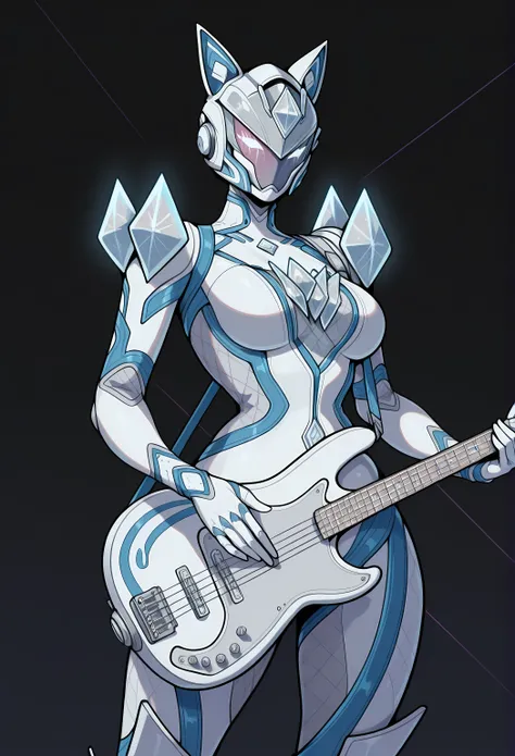 A digital illustration depicts a figure wearing a stylized white helmet with pointed ears, resembling a cat. The helmet has a visor composed of several horizontal pink glowing lines. The figure is also wearing large, round headphones with pink glowing ring...