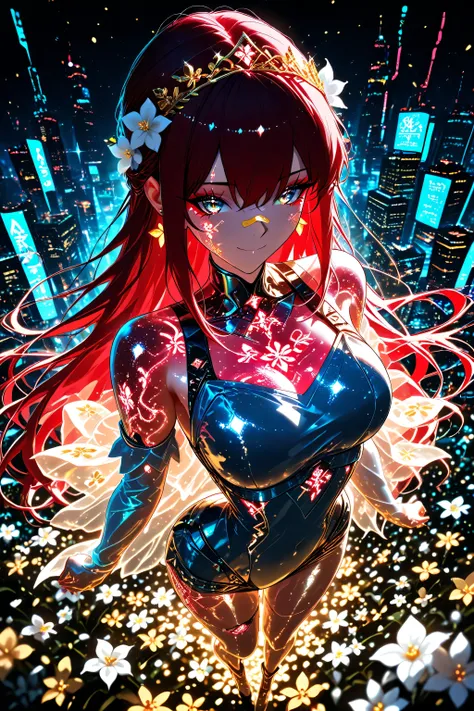 from above, (cyberpunk:1.4), earrings, jewelry, flower, armor, hair ornament, building, city, facial mark, petals, multicolored hair, hair flower, white flower, weapon, bandaid, pills, sickly, eyebags, bandages, medications, stitches, hurt, ill, bandaid o...