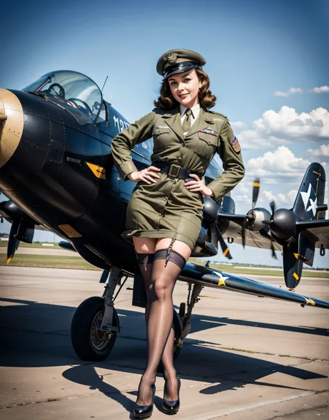Background military aircraft, airfield, photo in the style of the 1940s, pin-up photo, young adult girl, plane pilot cap, black stockings, view from front, spreaded legs